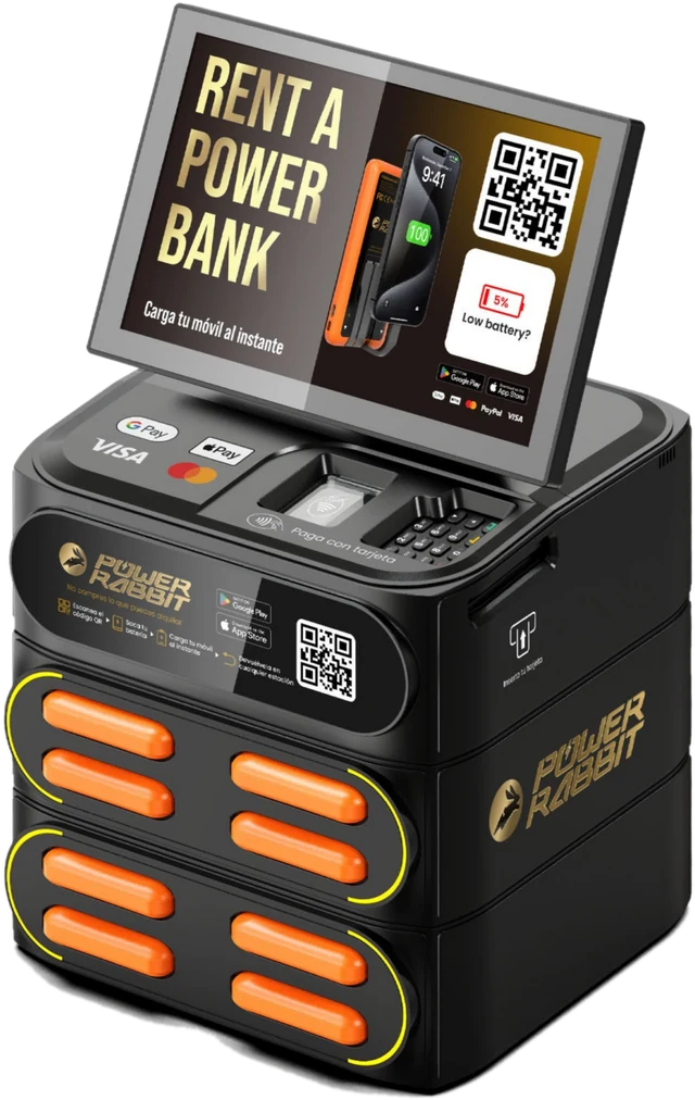 8-slot stackable charging station with LCD screen and integrated POS terminal