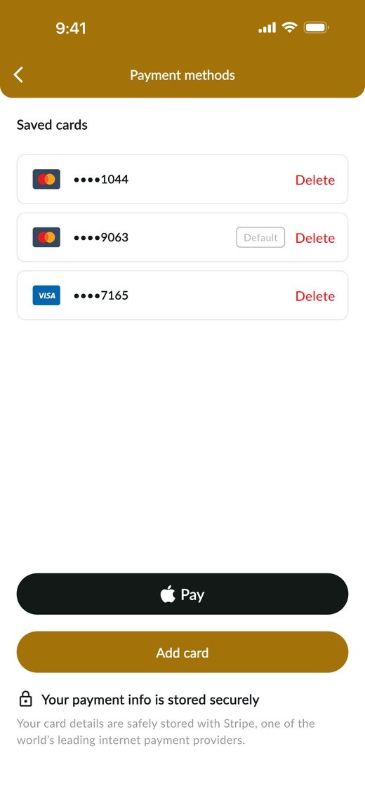 Saved cards and payment methods