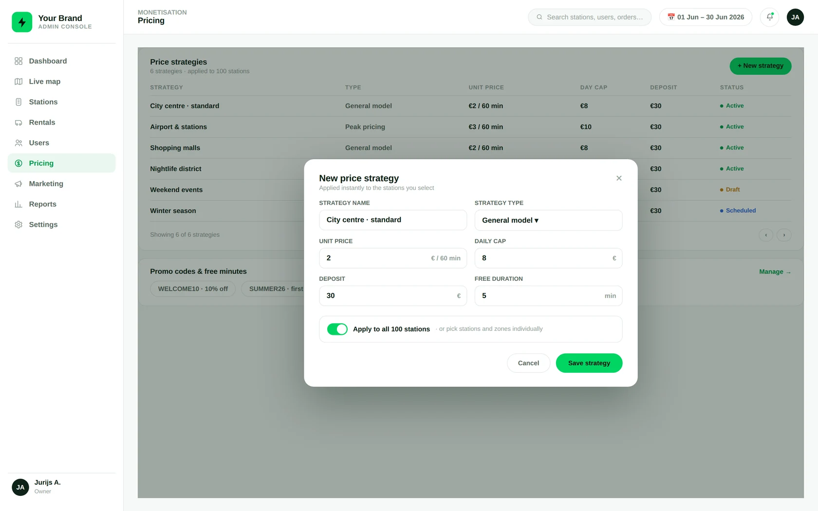Price strategy settings