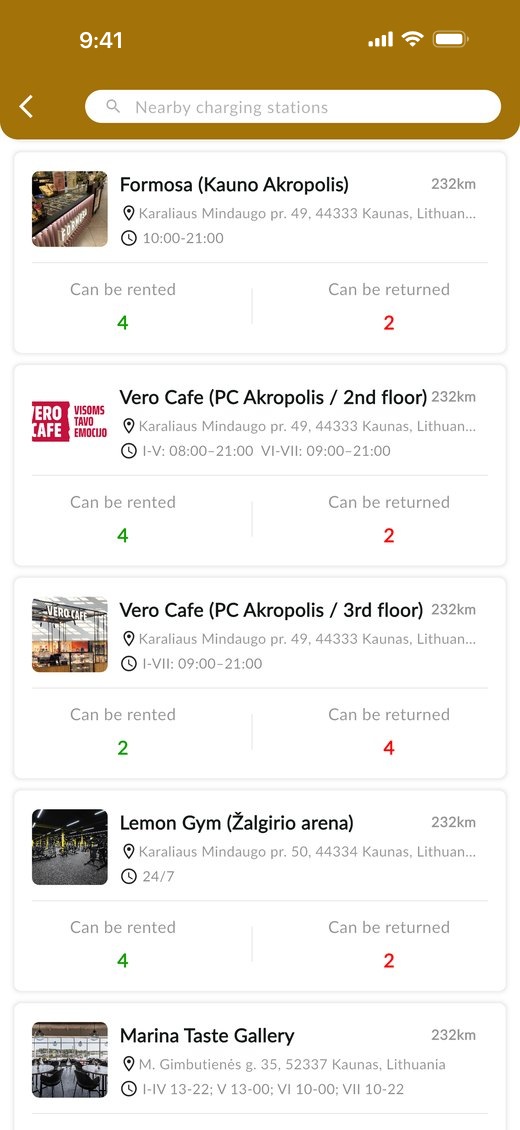 List of nearby charging stations